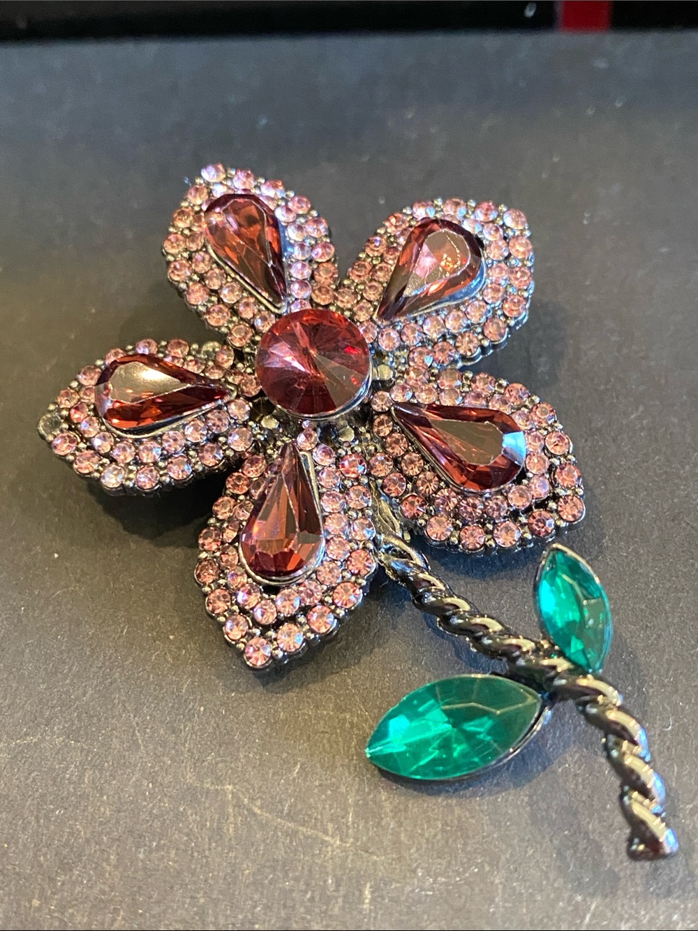 Crystal Flower Brooch Pin in Pink and Green. Gunmetal Back